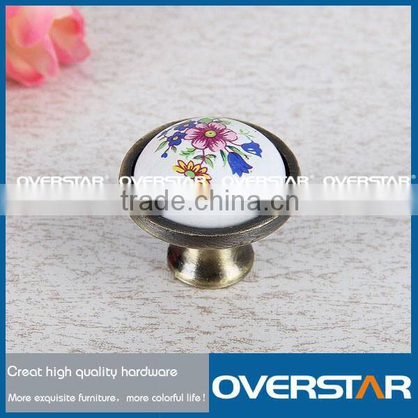 lovely roundness ceramic knob, solid brass round ceramic knob, flower carve surface ceramic knob door handle