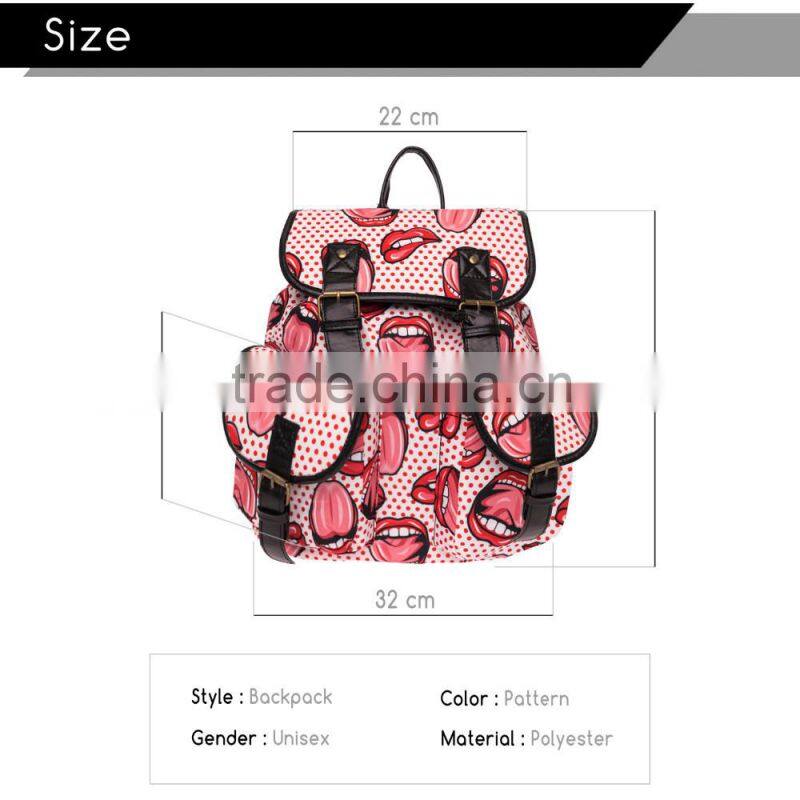 2016 3d printed lips dot tongue Vintage Canvas Rucksacks Cute School Satchel Rucksack Backpack Campus Bag