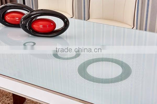 glass top wooden color steel leg dining table with tempered glass top
