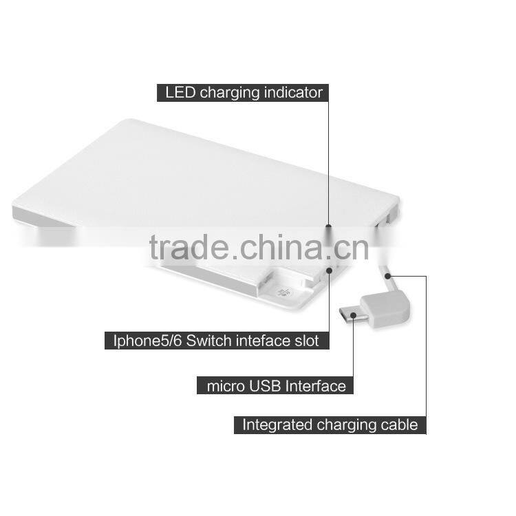 Premium leather cover customized promotional credit card shape portable phone power bank charger with built in micro usb cable