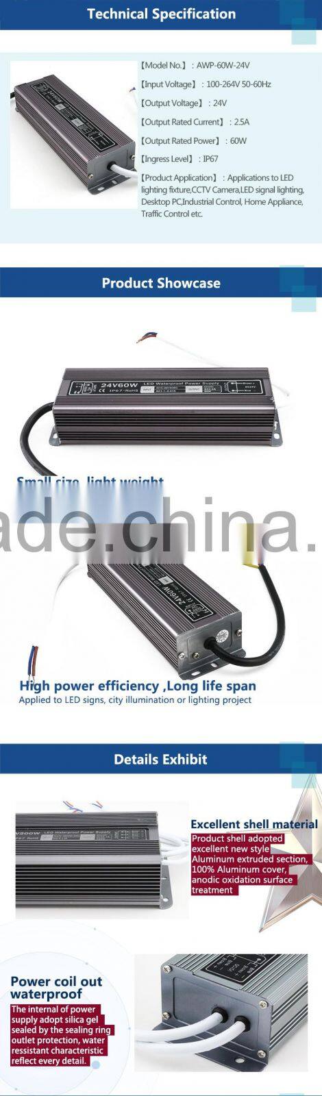 60W 24V 2.5A output waterproof led switch power supply with Aluminium shell