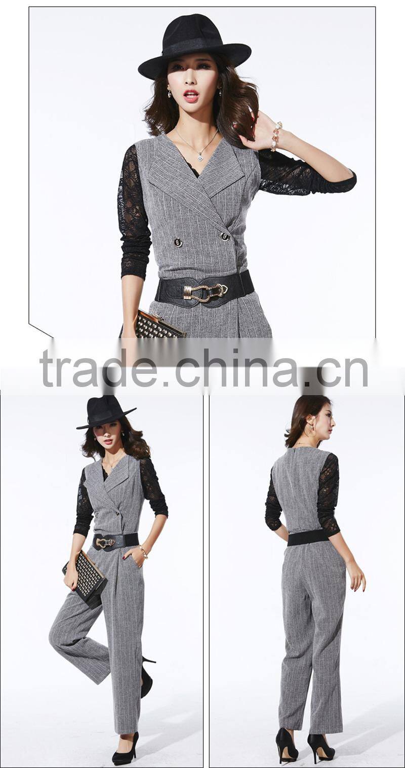 OEM 2015 Winter Lastest Design New High Waist Playsuits with Belt Fashion OL Long Romper Sleeveless Women Jumpsuits