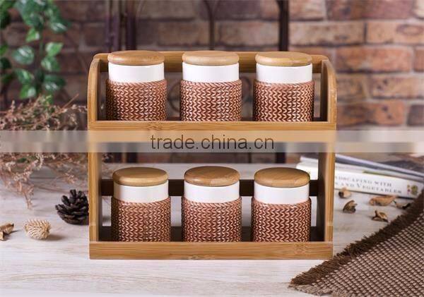 Fresh Decal Ceramic Kitchen Food Canisters Set with Wooden Stand