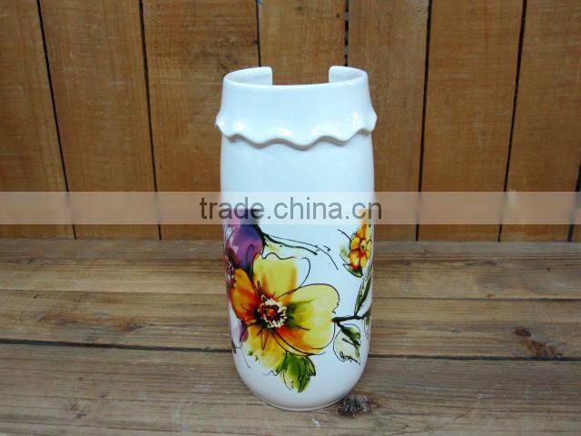 Elegant Flower Decal Ceramic Cake /Fruit Serving Plate with Wooden Stand for Party