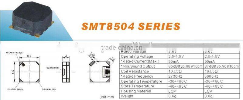 hot sell 1.5v 95DB 85mm through hole piezo buzzer SMT8504B