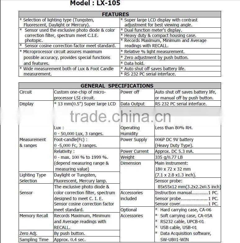 NEW Lx-105, Light Meter, 2000/20,000/50,000 Lux, RS232 Output