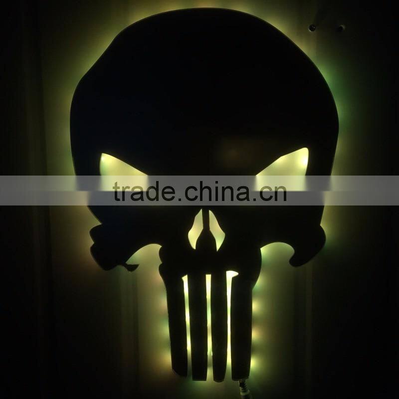 Creative Punisher Skeleton Shape Design Wall LED Light Mirror, Remote Control Colorful Decorative House Wall Mirror Light