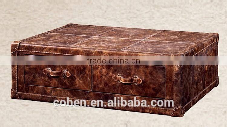 Jane European style cheap living room furniture design center table trunk with genuine leather covered