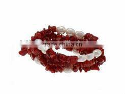 wholesale 7" 5-row stretch style 7mm red coral gemstone chip bracelets with 7mm baroque white pearls