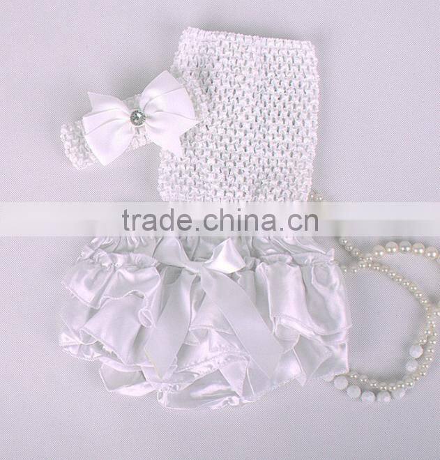 Hot sell Adorable baby diaper and crochet tube top3 sets , satin baby bloomers, baby ruffle bloomers