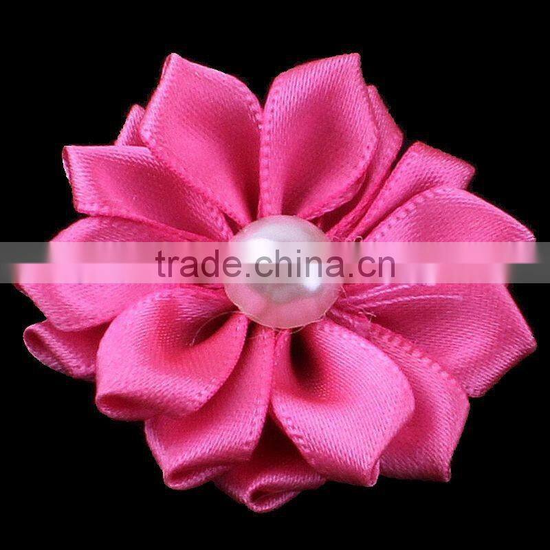 satin ribbon flower with pearl bead center for kids hair accessories