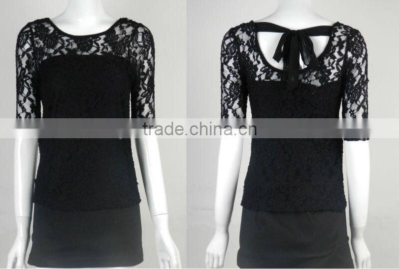 Best Sell fashion casual bow-back round neck black lace top