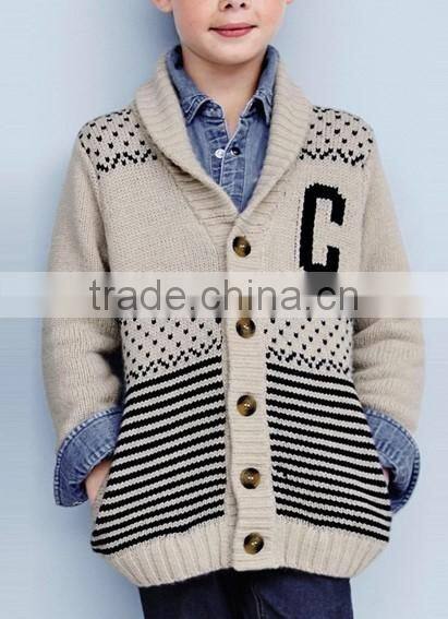 High Quality Boy's jacquard chunky knit warm cardigan with elegant shawl collar off-white sweater (BKNB01)