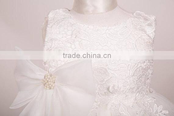 Modest Fashion Plain White Kids Fancy Girls With Bowknot Lace Dress