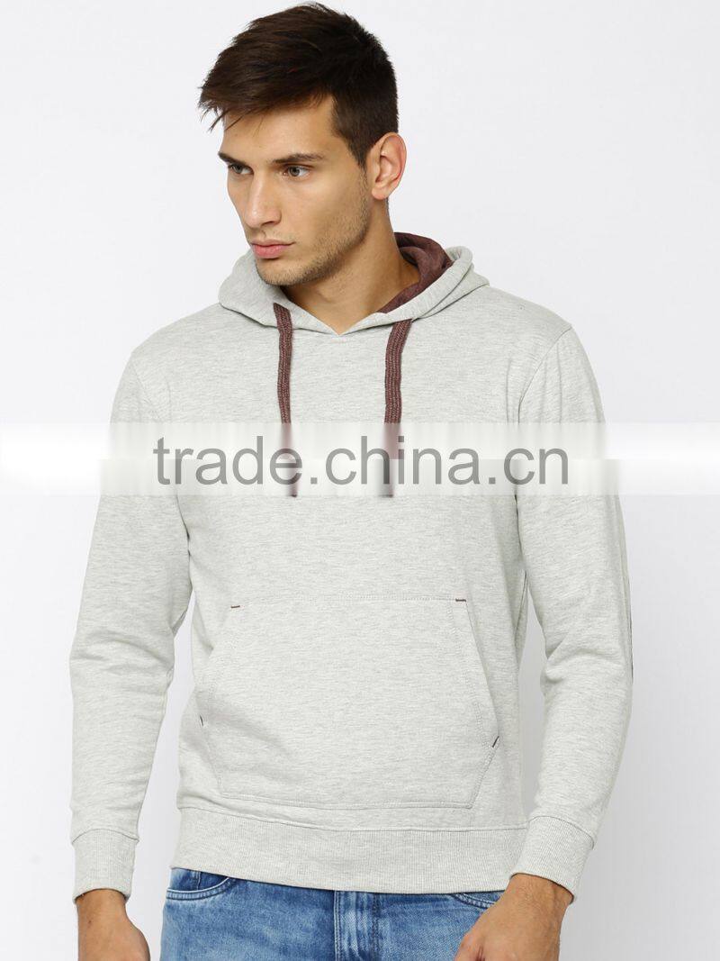 Grey Melange Hooded Sweatshirt For Man Long Sleeves With Elbow Patches Sweaters Kangaroo Front Pocket Ribbed Hem Hoody Custom