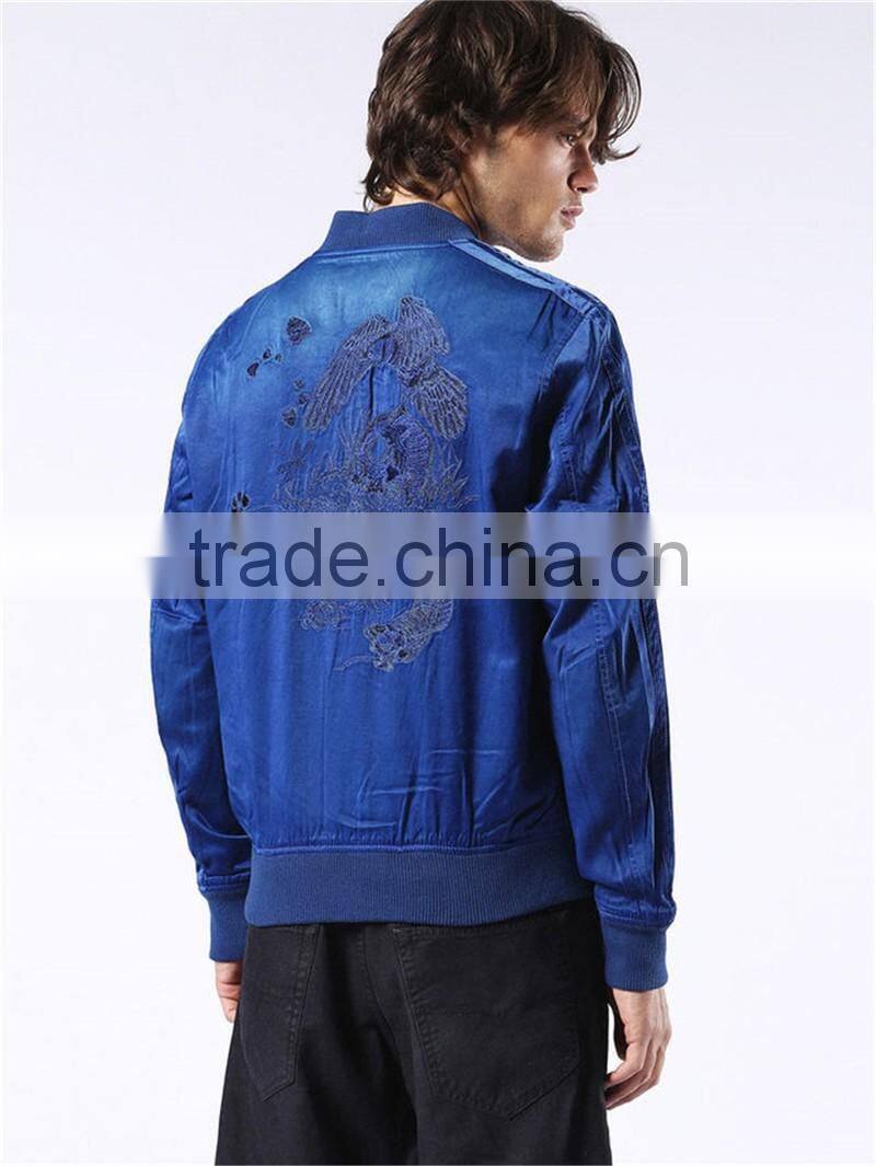 MGOO Foshan Factory Baseball Style Bomber Jackets Custom Embroidery Denim Jackets Zip Up Blue Long Sleeves Coat