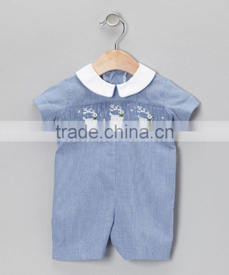 Blue Gingham Smocked Reindeer Boys Romper