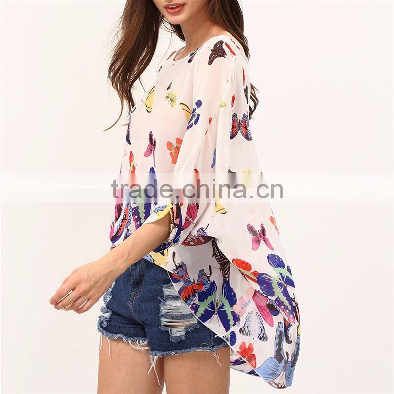 2017 ladies boho batwing sleeve chiffon butterfly neck design blouse