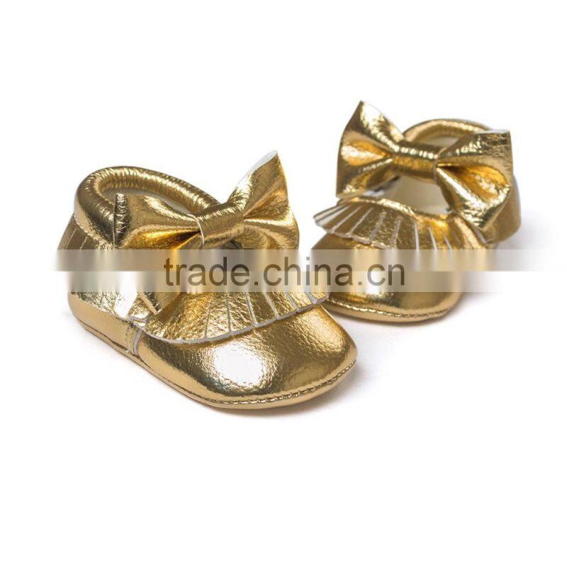 golden baby PU moccasins, bow design little girl moccasins