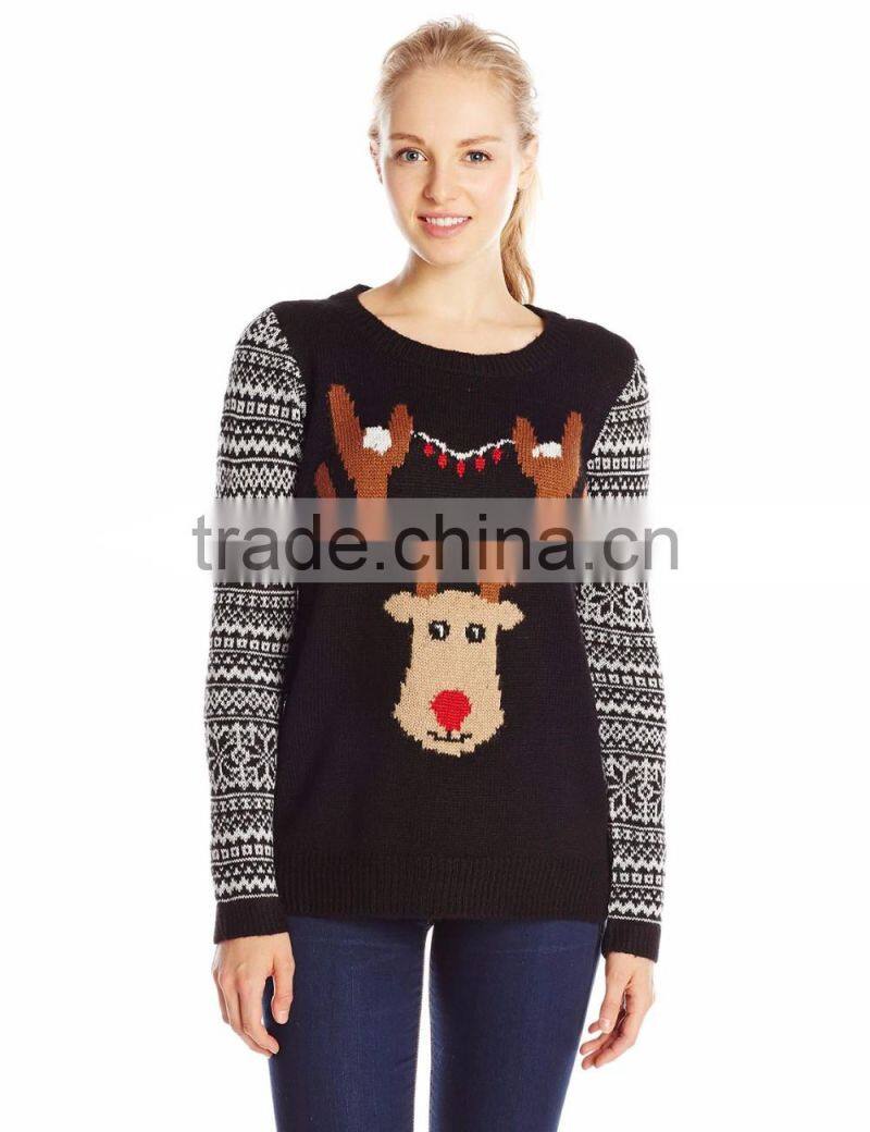 Women Black Sweater Jacquard Santa Reindeer Pattern Christmas Sweater Patterns