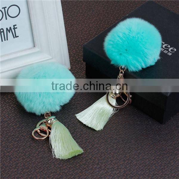 Fashion Gold Plated Mint Green Angora Pom Pom Ball Grass Green Rayon Tassel Keychain