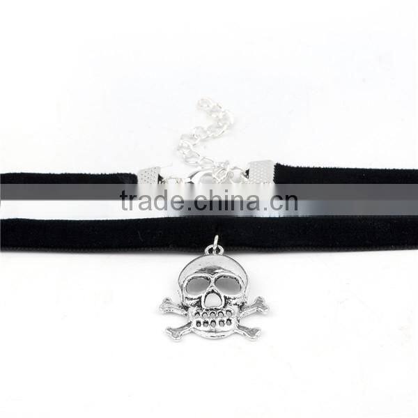 Custom Antique Silver Black Skull Velveteen Halloween Choker Necklace