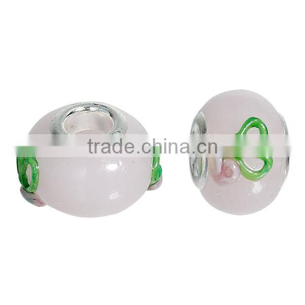 Lampwork Glass European Style Large Hole Charm Beads Round Silver Plated Core Light Pink Flower Pattern Enamel