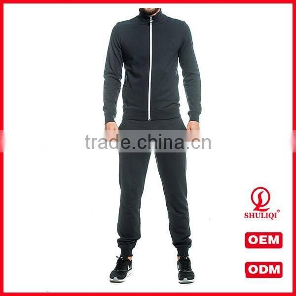 guangzhou shuliqi hot selling mens sport fitted tracksuit 100 cotton plain tracksuits in black