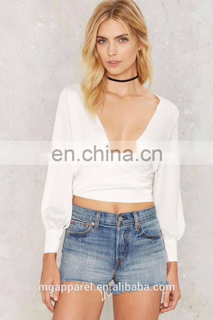 New style women tops and blouses, 2017 summer women wrap white blouse