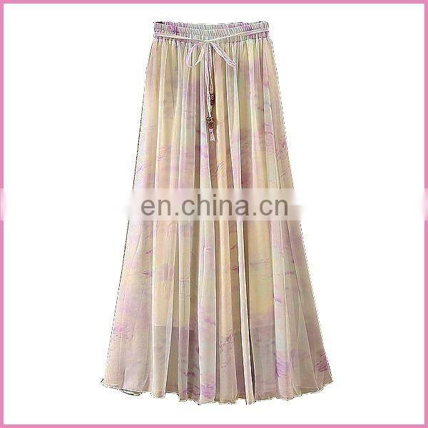 summer new fashion printed chiffon drawstring long skirt