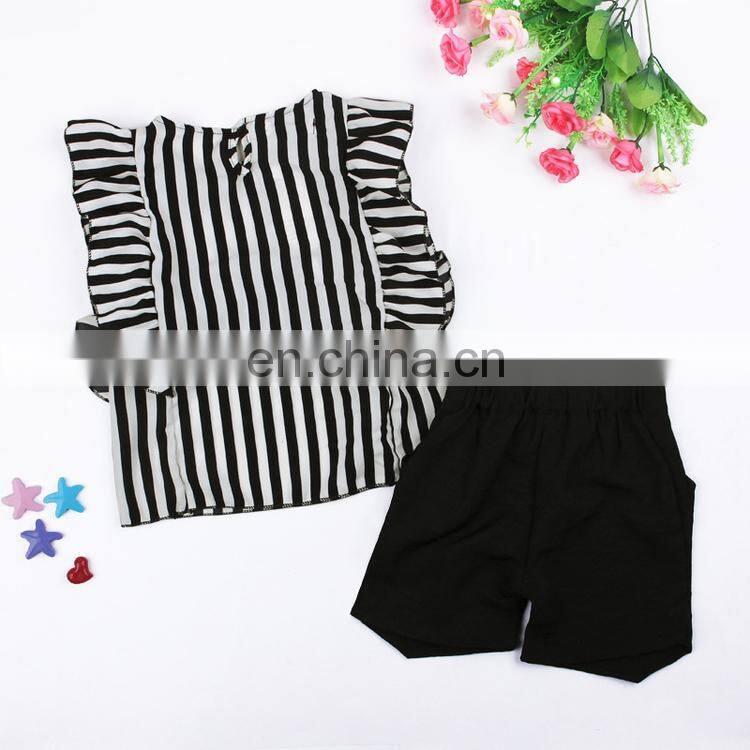 Girls wholesale boutique clothing kids clothing sets black white stripe t-shirt and shorts