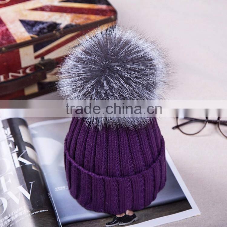 New Arrival Winter Fashion Girl Wool Knit Silver Fox Fur Hats