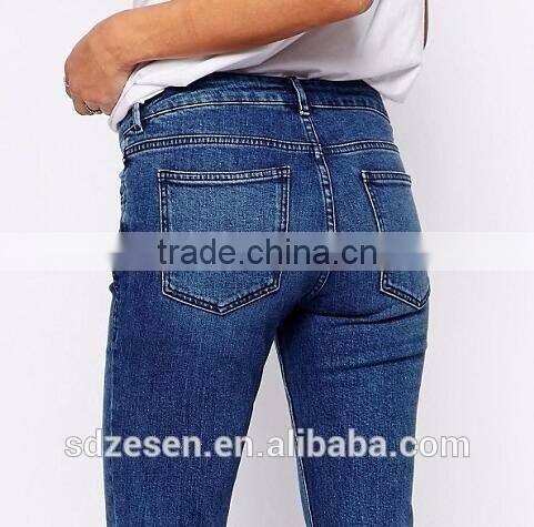Wholesale Denim Five Pockets Boyfriend Jeans With Let Down Hem In Mid Wash Blue For Women