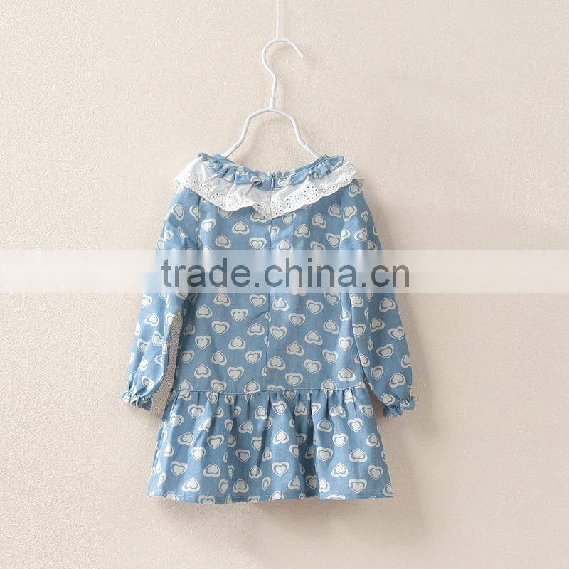 High Quality long sleeve spring dress girls printed denim dresses with lace