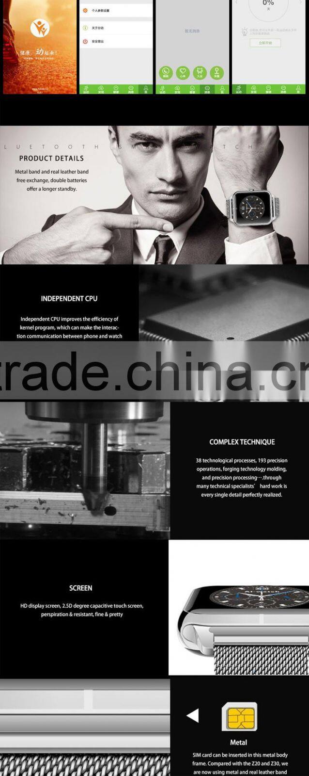 2016 New fashion Z50 Bluetooth Smart Watch with Heart Rate SIM card TF Mp3 Mp4 pedometer sleep Monitoring or IOS Android phones