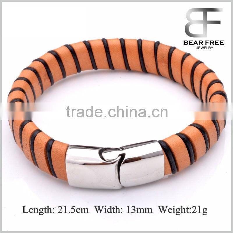 Brown and Black Stripe Leather Braided Cuff Bracelet Wristband, Couples Christmas Gift Stainless Steel Clasp