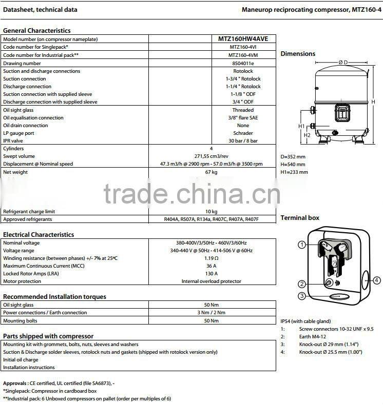 (MTZ160-4VM)Multiple Choice Maneurop Reciprocating Compressor MT & MTZ Series