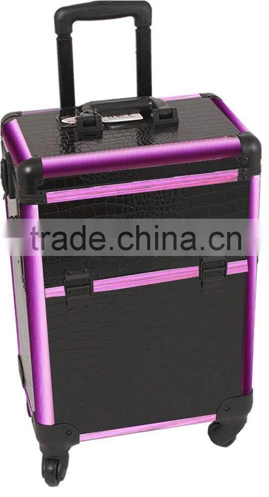 Black Makeup pro Rolling Trolley Case- Purple Trim, large storage & tray