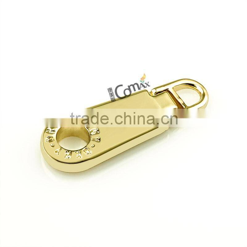 Gold engraved custom metal handbag zipper pulls