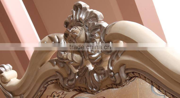 Wooden living room furniture ivory frame antique silver carving fabric sofa set