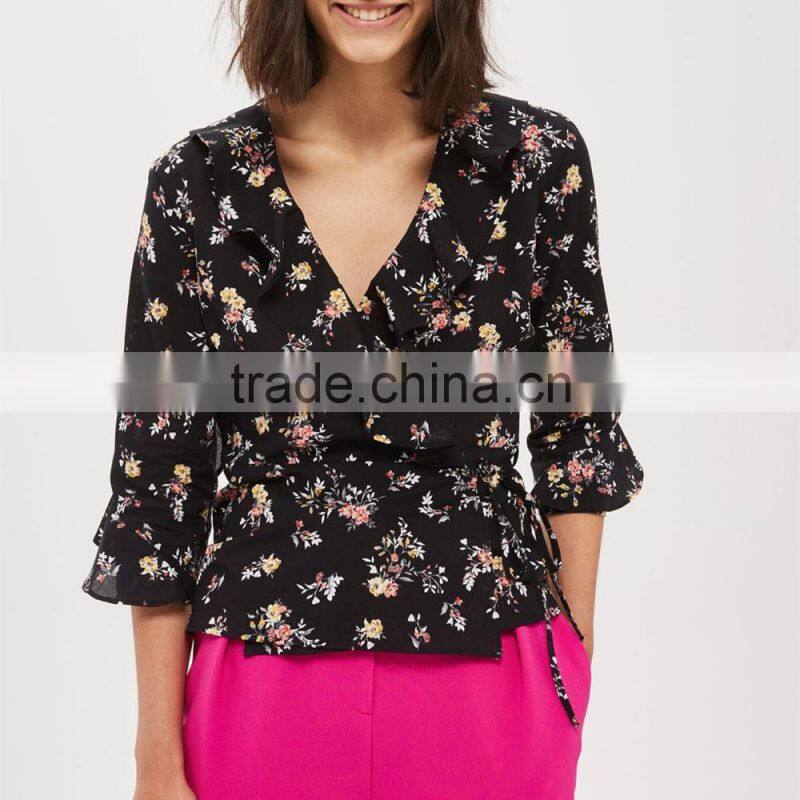 Ruffle Cuffs V-Neckline Flower Print Ruffle Wrap Top Ladies Tops Latest Design