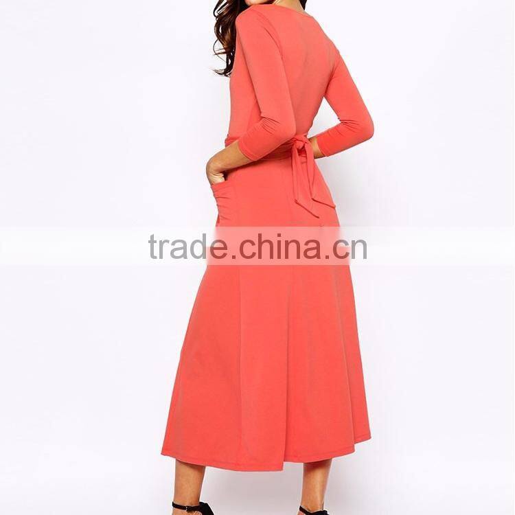 Orange wrap front waist belted long sleeve high split fashion custom cotton maxi dress