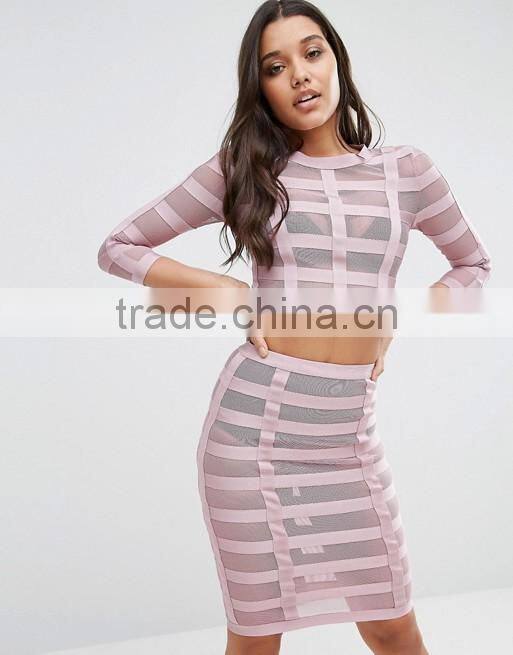 Bandage mesh women long sleeve ctop top and pencil skirt ladies 2 piece skirt sets