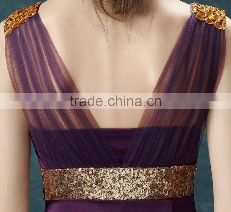 formal purple satin beaded v neck evening beach party wear dress