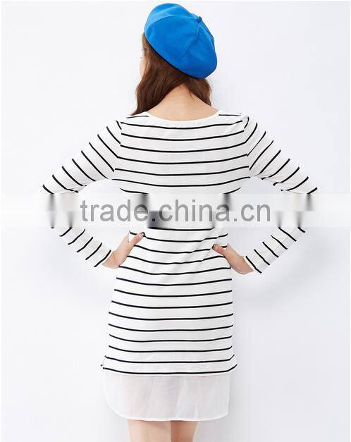 For women this white collar and body text printed chiffon stitching knitted stripes long-sleeved dress