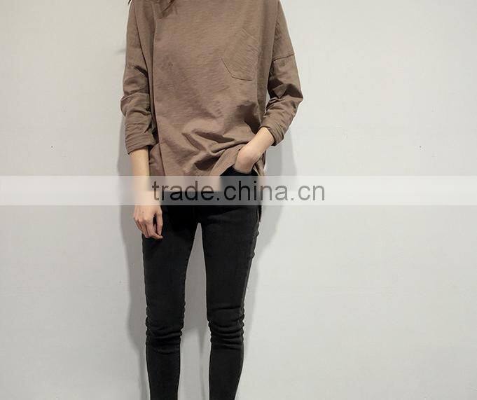 2016 new fashion long sleeve casual women t-shirt with pocket wholesale