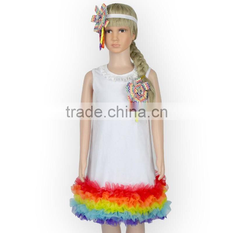 Summer Girls Sleeveless White Above Knee Dress With Colorful Rainbow Tulle Hem