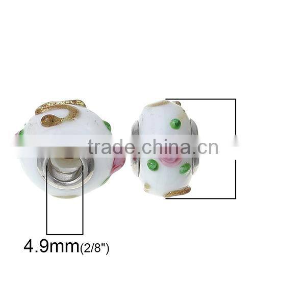 Lampwork Glass European Style Large Hole Beads Round White Pink Flower Golden " S " With 304 Stainless Steel Silver Tone Core