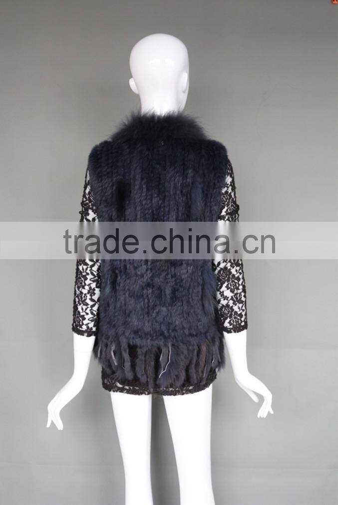Wholesale Rabbit Fur Vest/ Gilet For Fashion Ladies/Women Knitted Coat With Raccoon Fur Collar