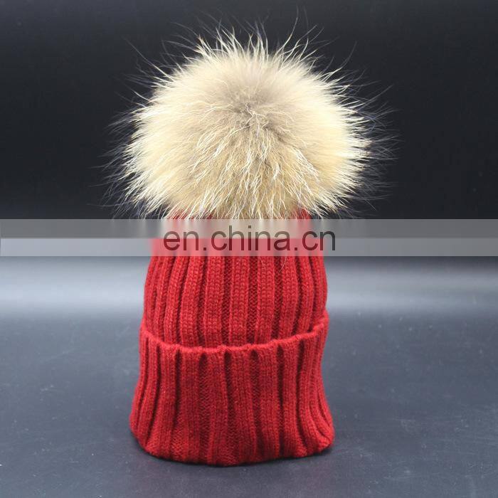 Hot Sell Cute Winter Hats Natural Raccoon Fur Pompom Beanie Cap with Ball Top Knitted Crochet Kid Hat